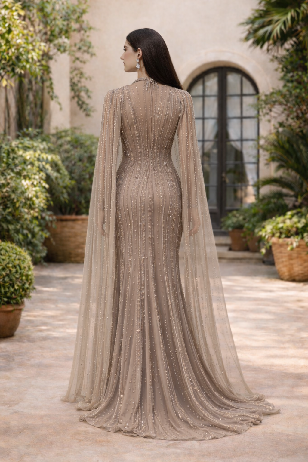 Elegant Taupe Embroidered Cape Evening Gown