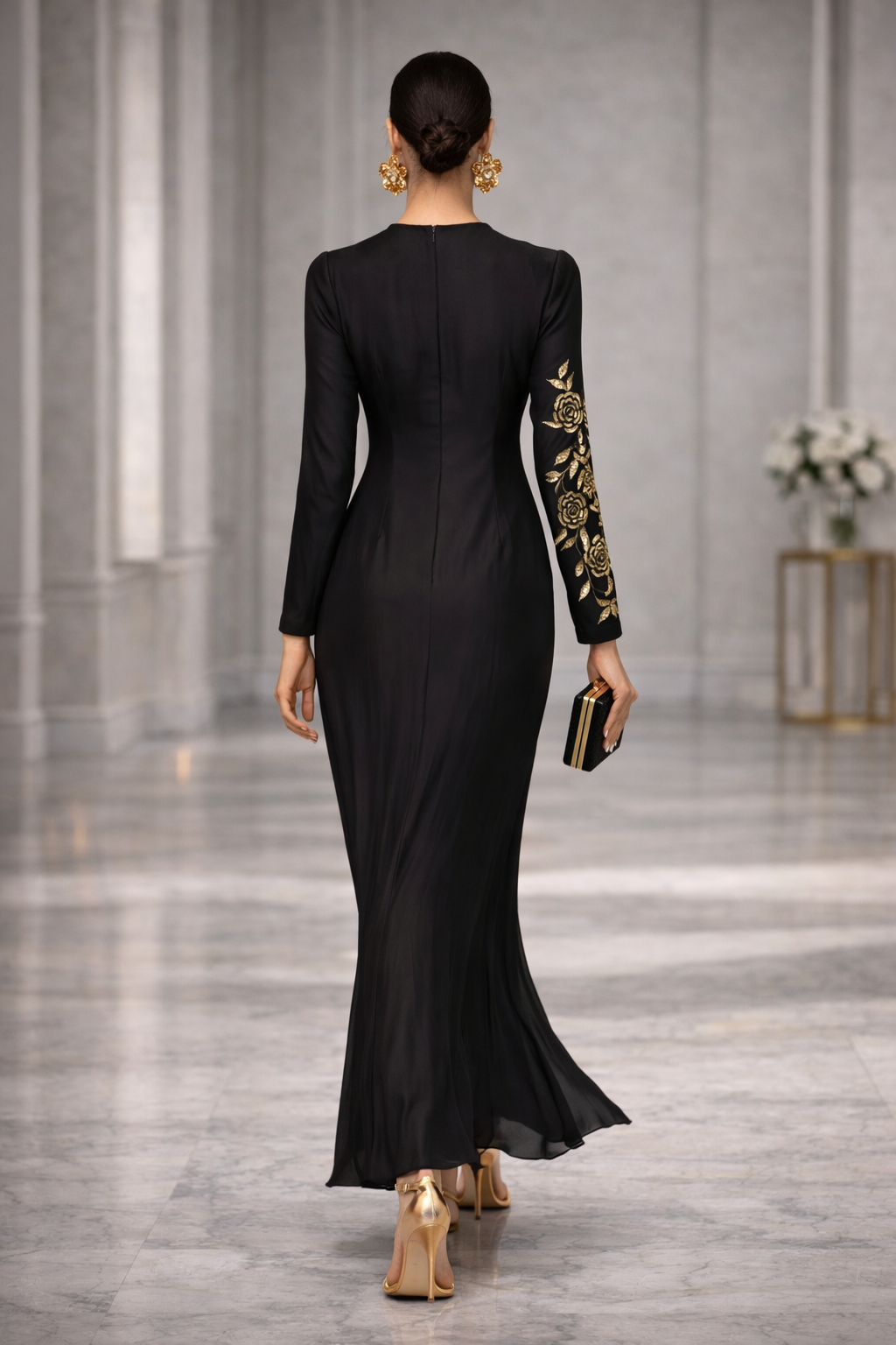Black Silk Evening Gown with Gold Embroidered Sleeve