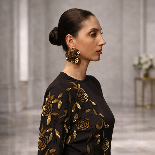 Black Silk Evening Gown with Gold Embroidered Sleeve