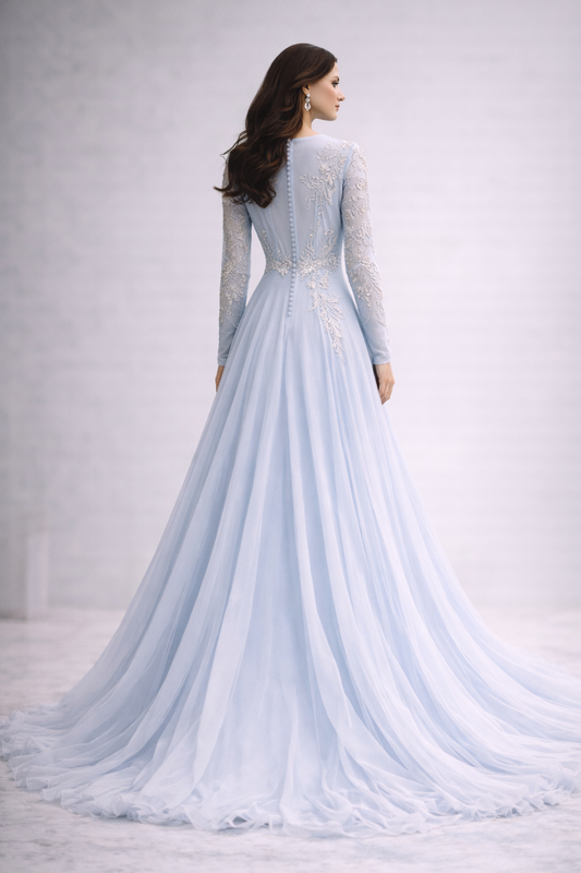 Silver Sequin Embellished Tulle Gown – Light Blue