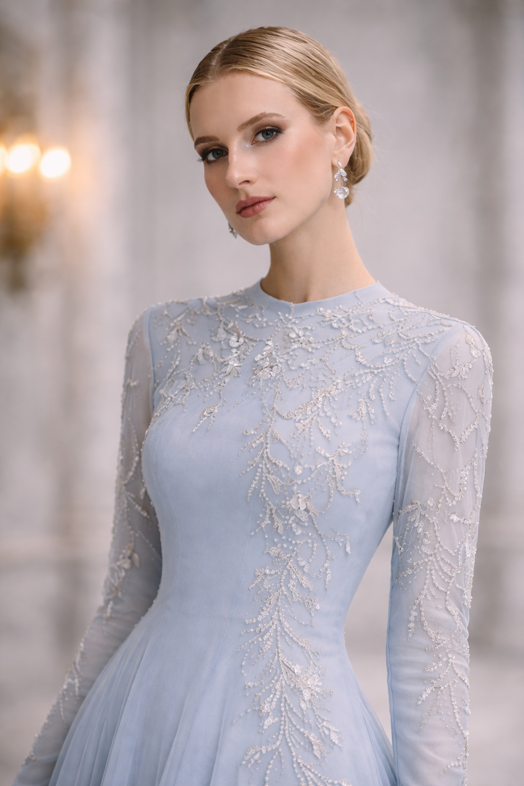Celestia Blue Embellished Tulle Gown | Elegant Long Sleeve Evening Dress