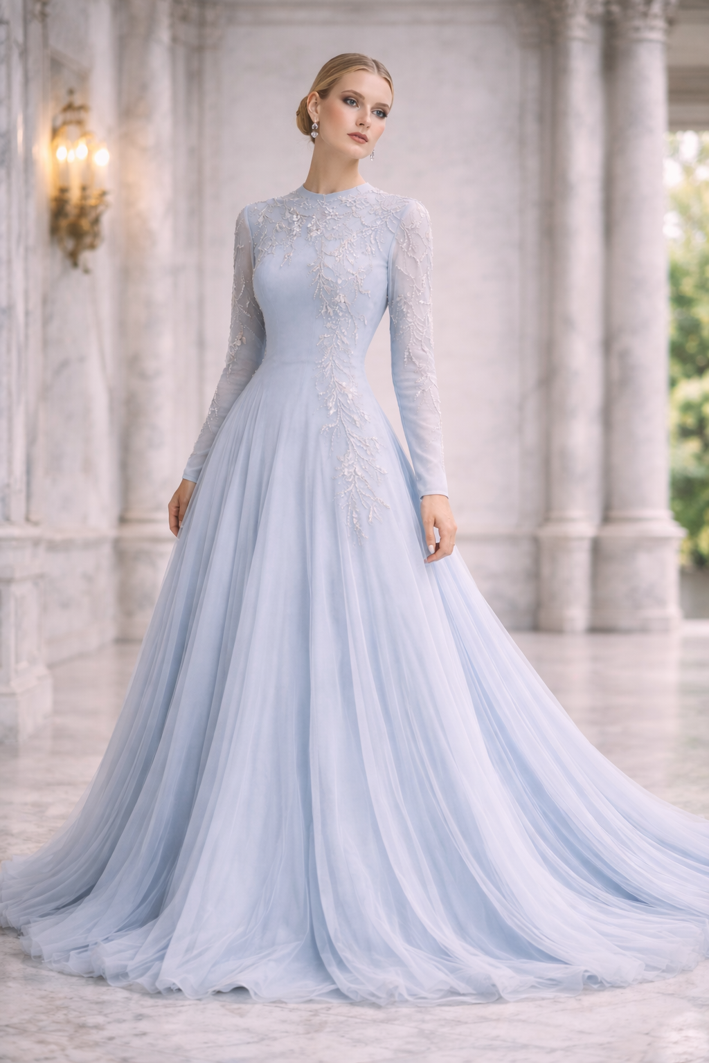Celestia Blue Embellished Tulle Gown | Elegant Long Sleeve Evening Dress