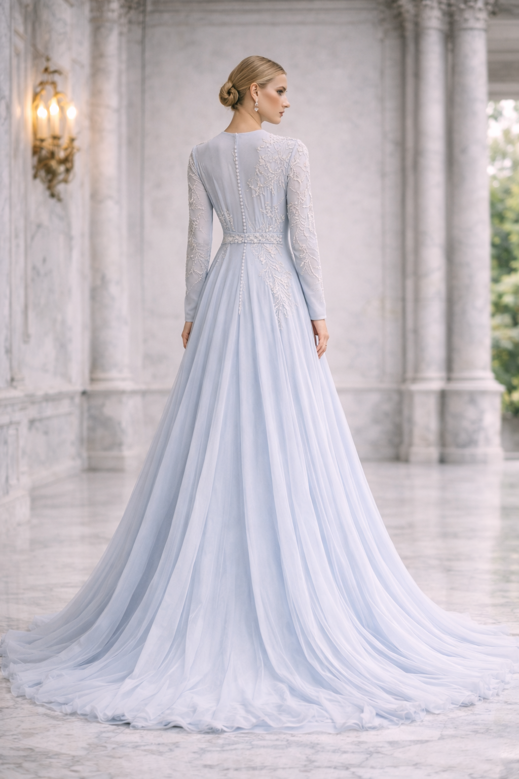 Celestia Blue Embellished Tulle Gown | Elegant Long Sleeve Evening Dress