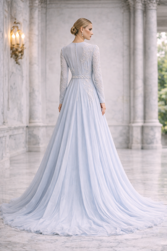 Celestia Blue Embellished Tulle Gown | Elegant Long Sleeve Evening Dress