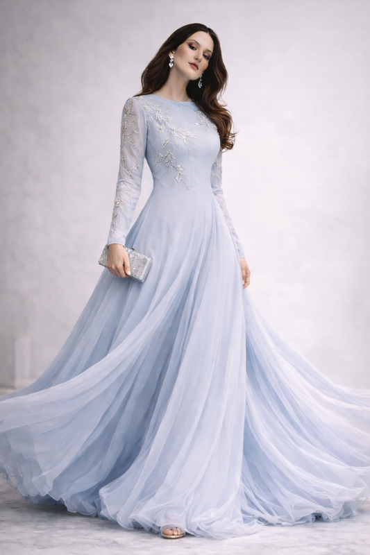 Silver Sequin Embellished Tulle Gown – Light Blue