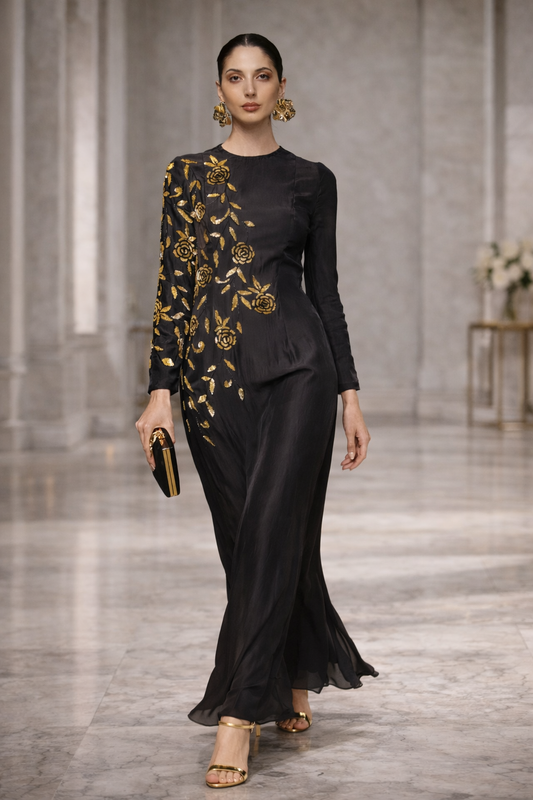 Black Silk Evening Gown with Gold Embroidered Sleeve