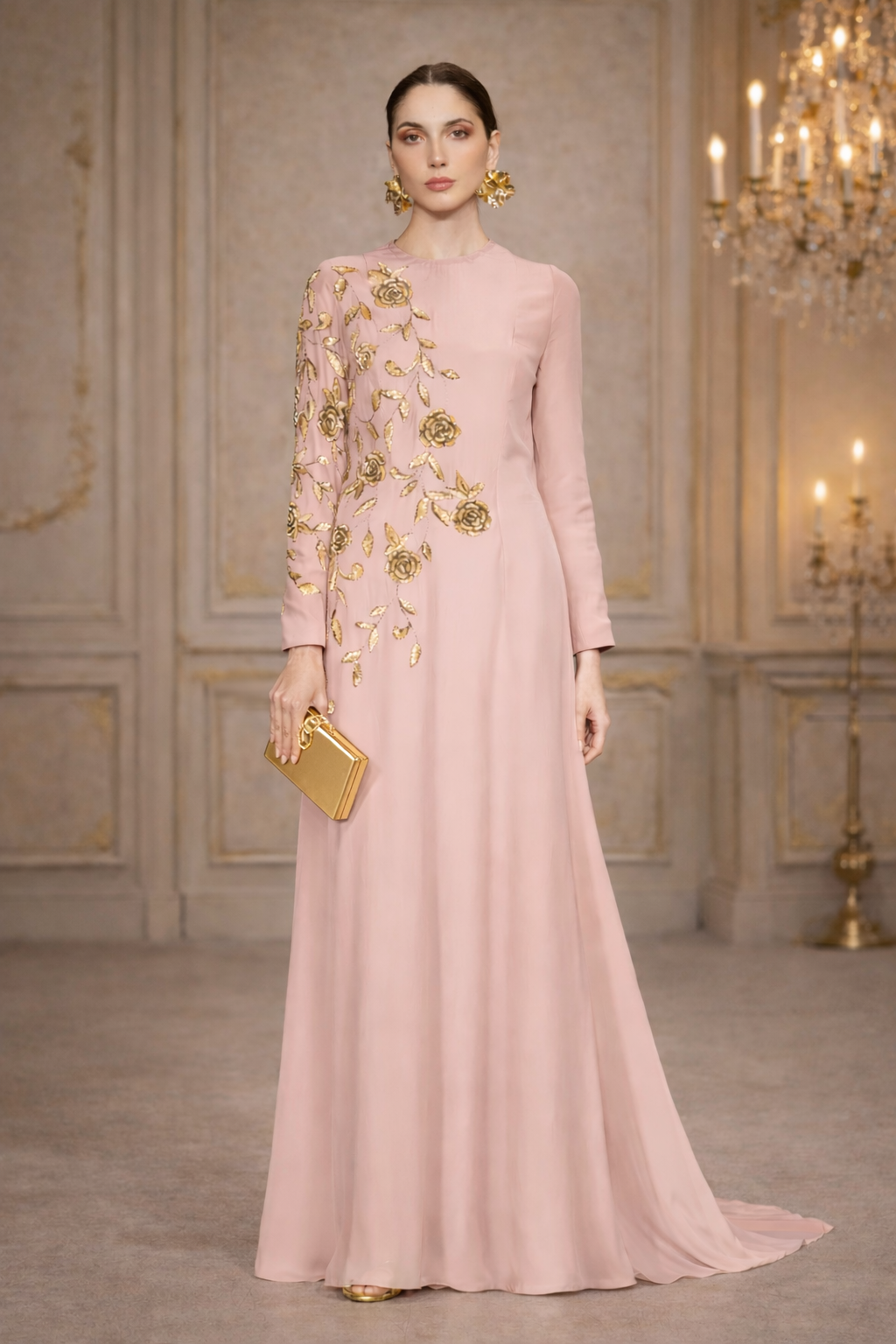 Rose Blush Embroidered Evening Gown – Modest Floor Length Dress with Golden Beads and Sequins