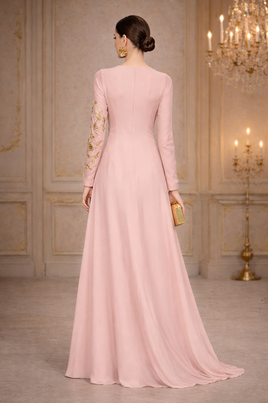 Rose Blush Embroidered Evening Gown – Modest Floor Length Dress with Golden Beads and Sequins